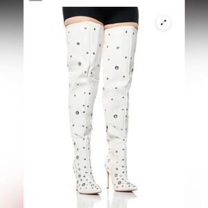 AZALEA WANG EIRENE White Embellished Over-the-Knee Boots with Studs